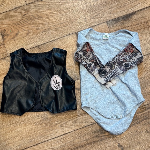 Edgy Gray Long Sleeve Bodysuit and Black Vest Set - Picture 2 of 4